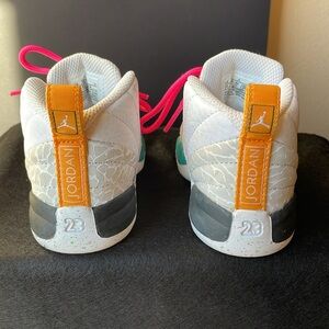 Cutest Jordan 23 White and Pink Sneakers with Chunky Silhouette & Hot Pink Laces